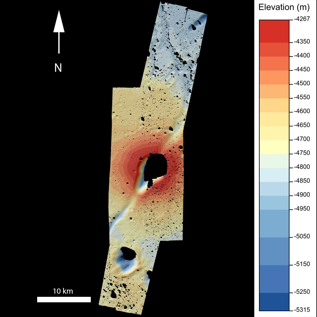 An elevation map of the Schr0dinger Pyroclastic Vent (Centered at -75.26875, 139.29029) where the elevation is relative to the average radius of the Moon.