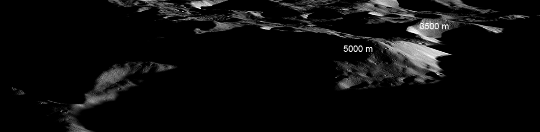 Reduced resolution panorama of Malapert massif with relief annotations