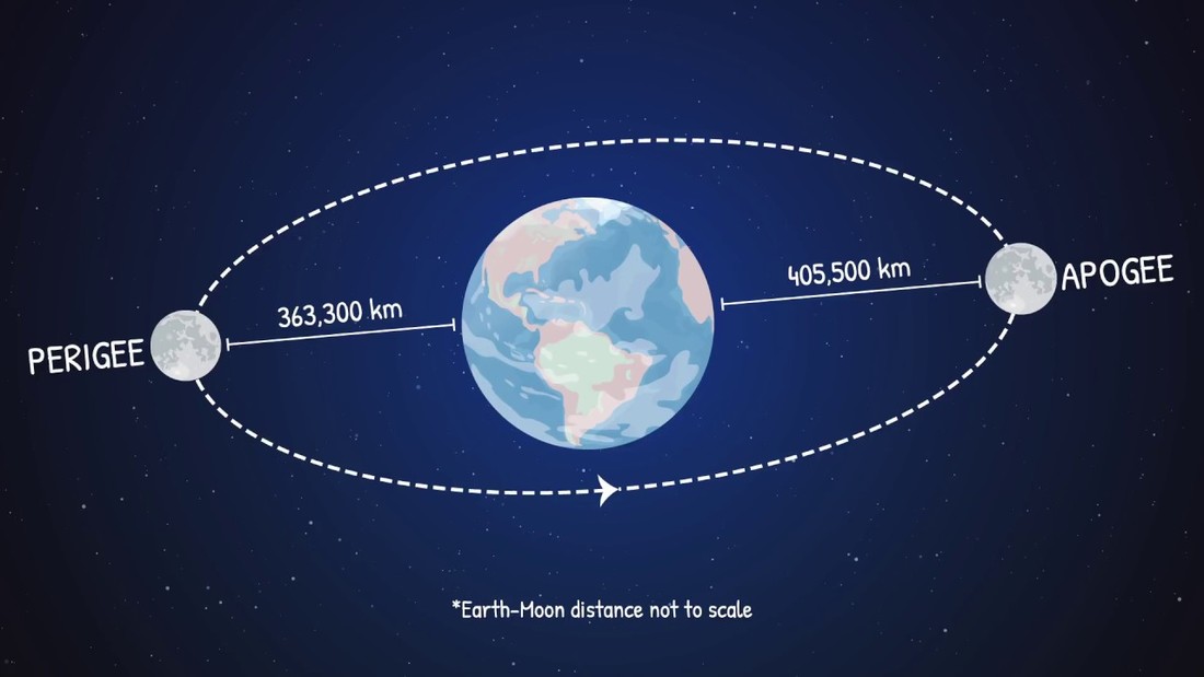 Cartoon showing the elliptical orbit of the moon around the earth.  The Earth is in the center.  To its left is a moon with the label 'perigee' and a scale bar that indicates that at perigee, the moon is 363,300 km away from earth.  To the right of the Earth is a moon with the label 'Apogee' and a scale bar showing that the moon is 405,500 km away from earth at apogee.  Below the cartoon is a disclaimer that says "Earth-Moon distance is not to scale."