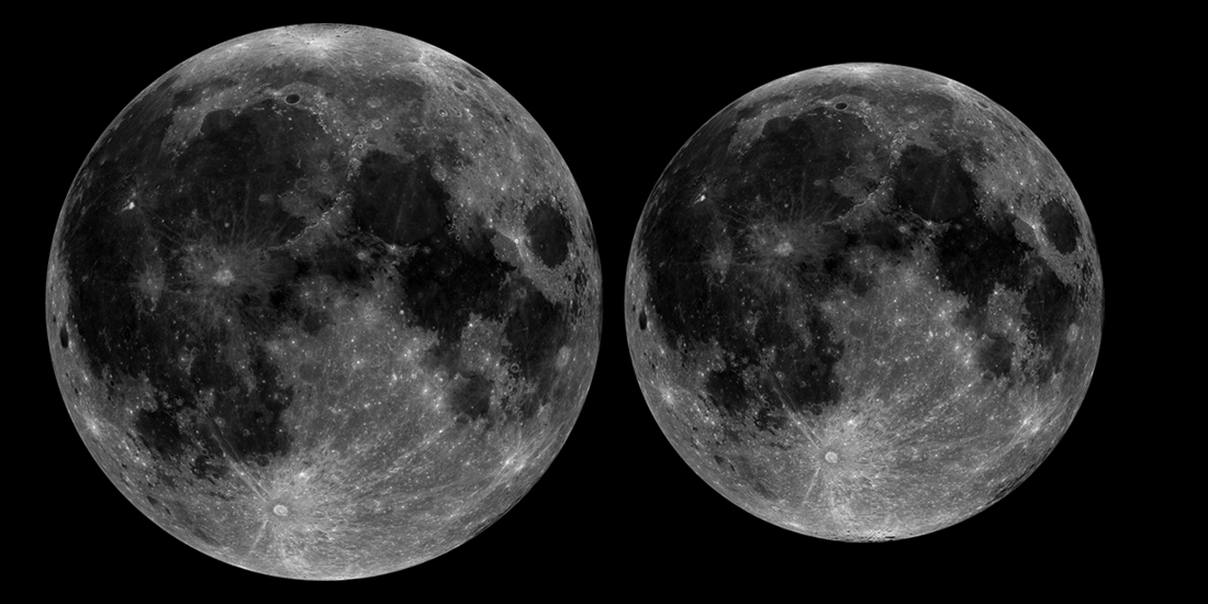 A comparison of the visible sizes of a supermoon (left) and a micromoon (right)
