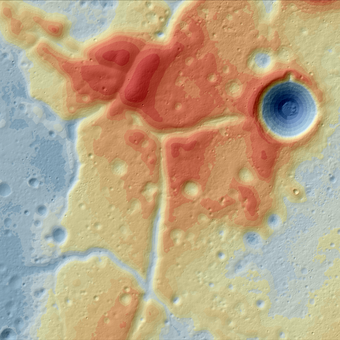 This image shows the Western Crisium Kipuka centered in the middle surrounded by the Mare Crisium. The kipuka appears as a gently-sloping raised landform in the center of the image. Shades of yellows, oranges, and reds represent different elevations of the uplifted WCK, with fractures covering the surface shaded blue. There is a crater on the eastern edge of the kipuka. North is towards the top of the page.