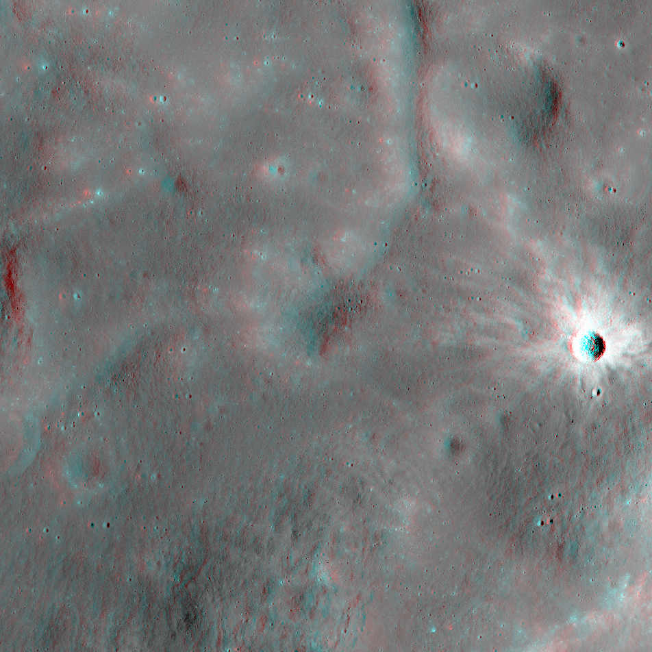 LROC NAC anaglyph image showing a fractured, bright, and fresh crater on the floor of Haldane crater