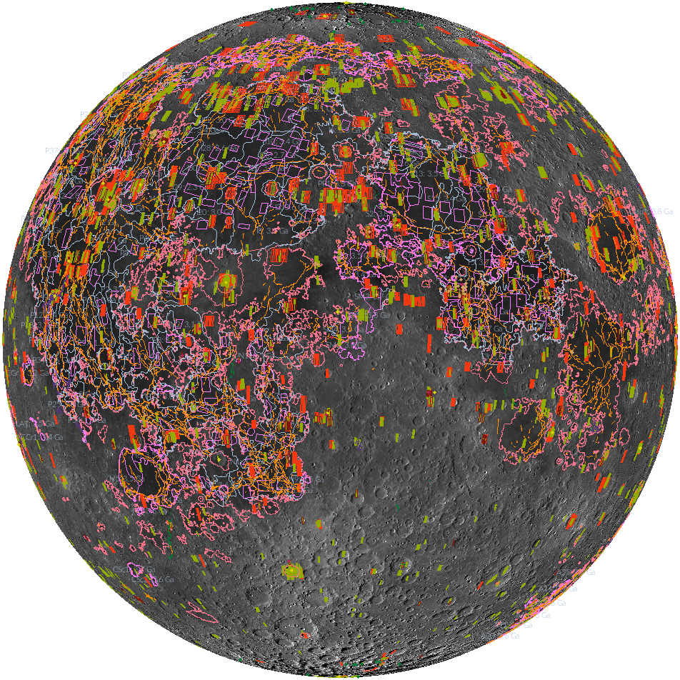 various colorful shapes overlaid on an orthographic projection of the Moon