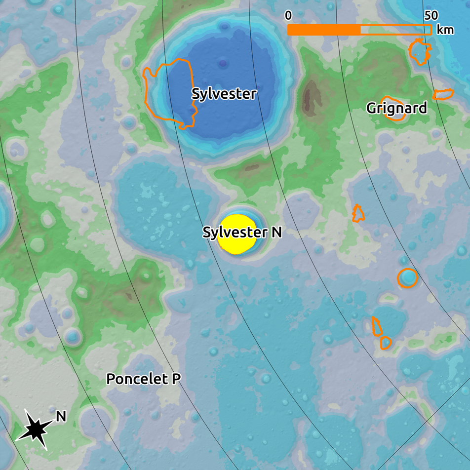 Yellow shape indicating the location of the PSR inside of Sylvester N in the center. It is overlaid on a WAC DEM Colorshade with outlines of other PSRs and a scale bar showing length of 50 km.