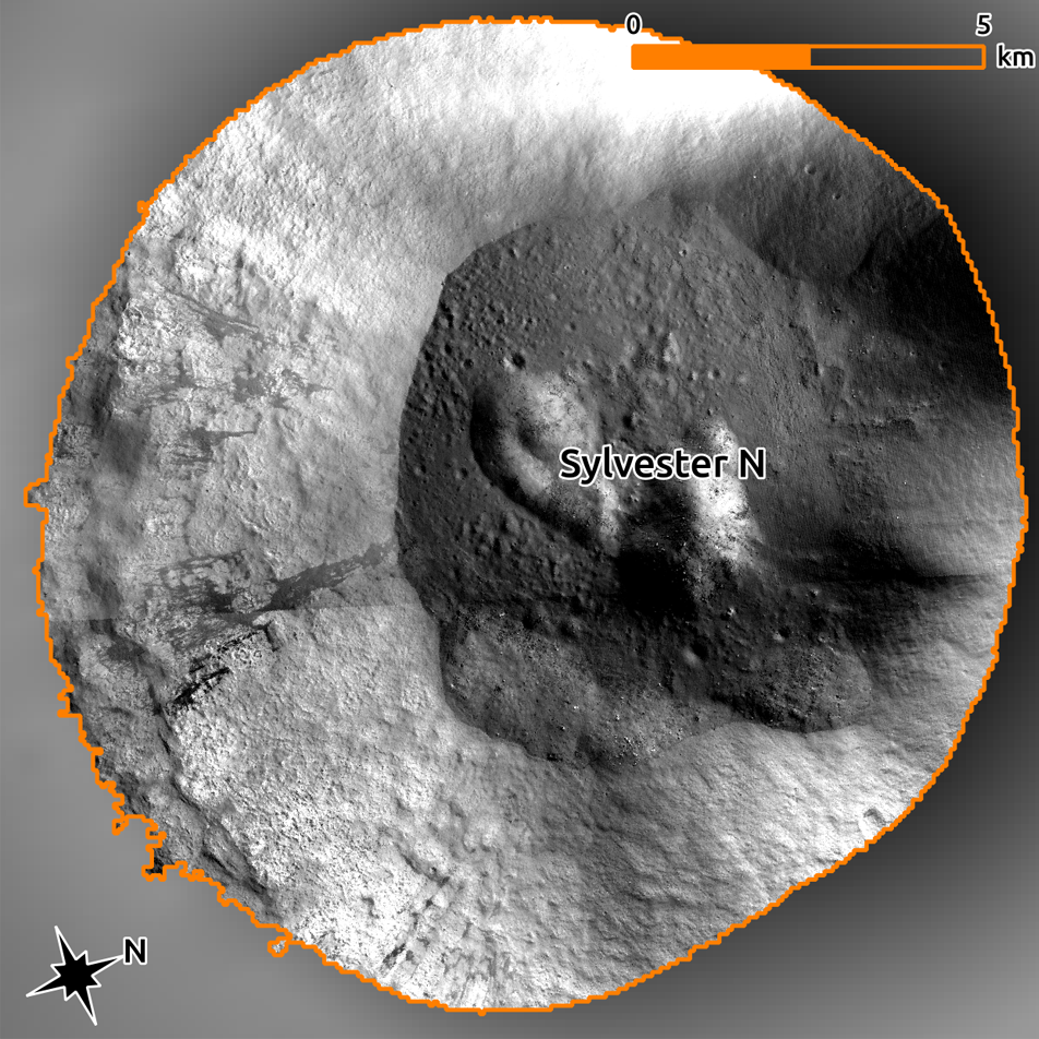 Mosaic of the PSR in Sylvester N crater made from long exposure images stretched to see the interior.