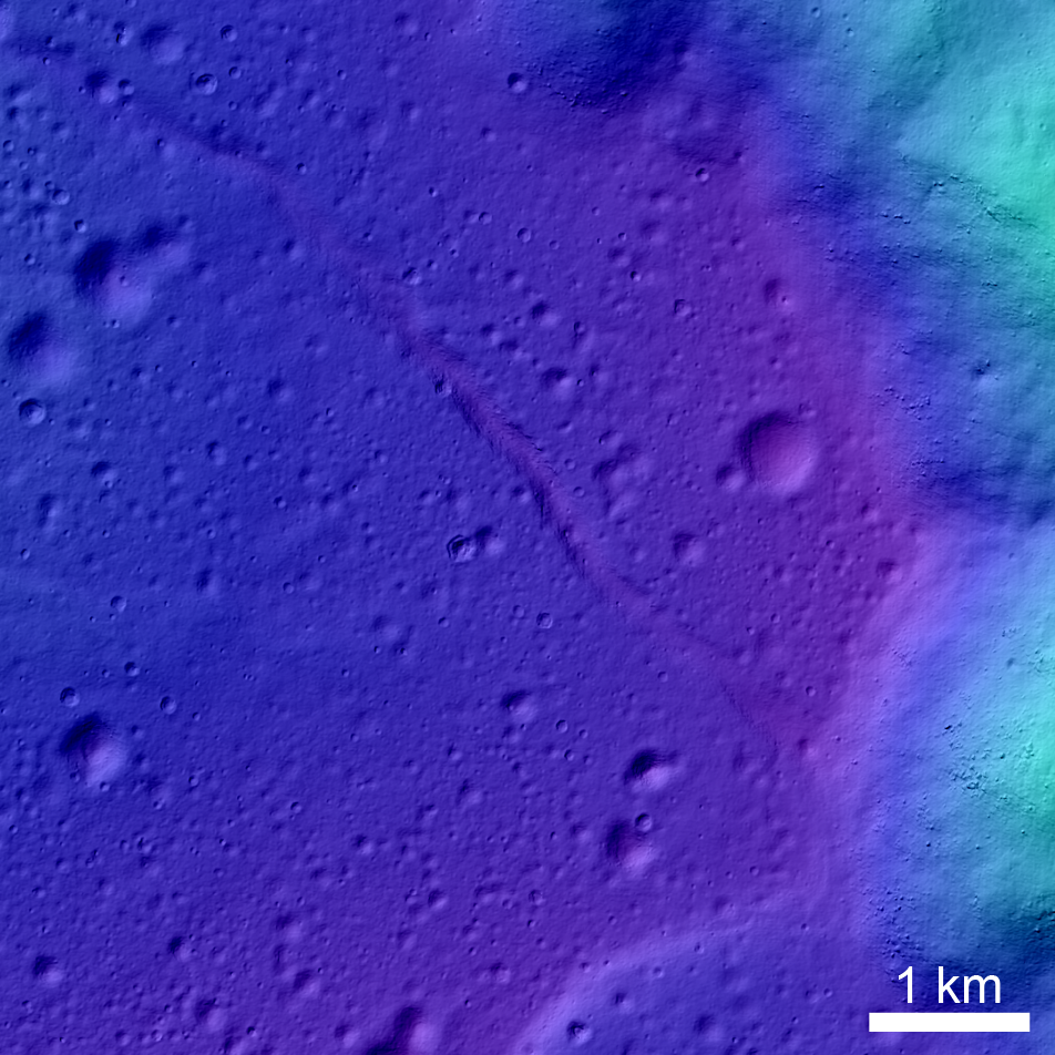 Colorshaded relief showing the edge of Tsiolkovskiy crater at the right side of the image. The 3/4 of the image to the right show the cratered flow of Mare Tsiolkovskiy.