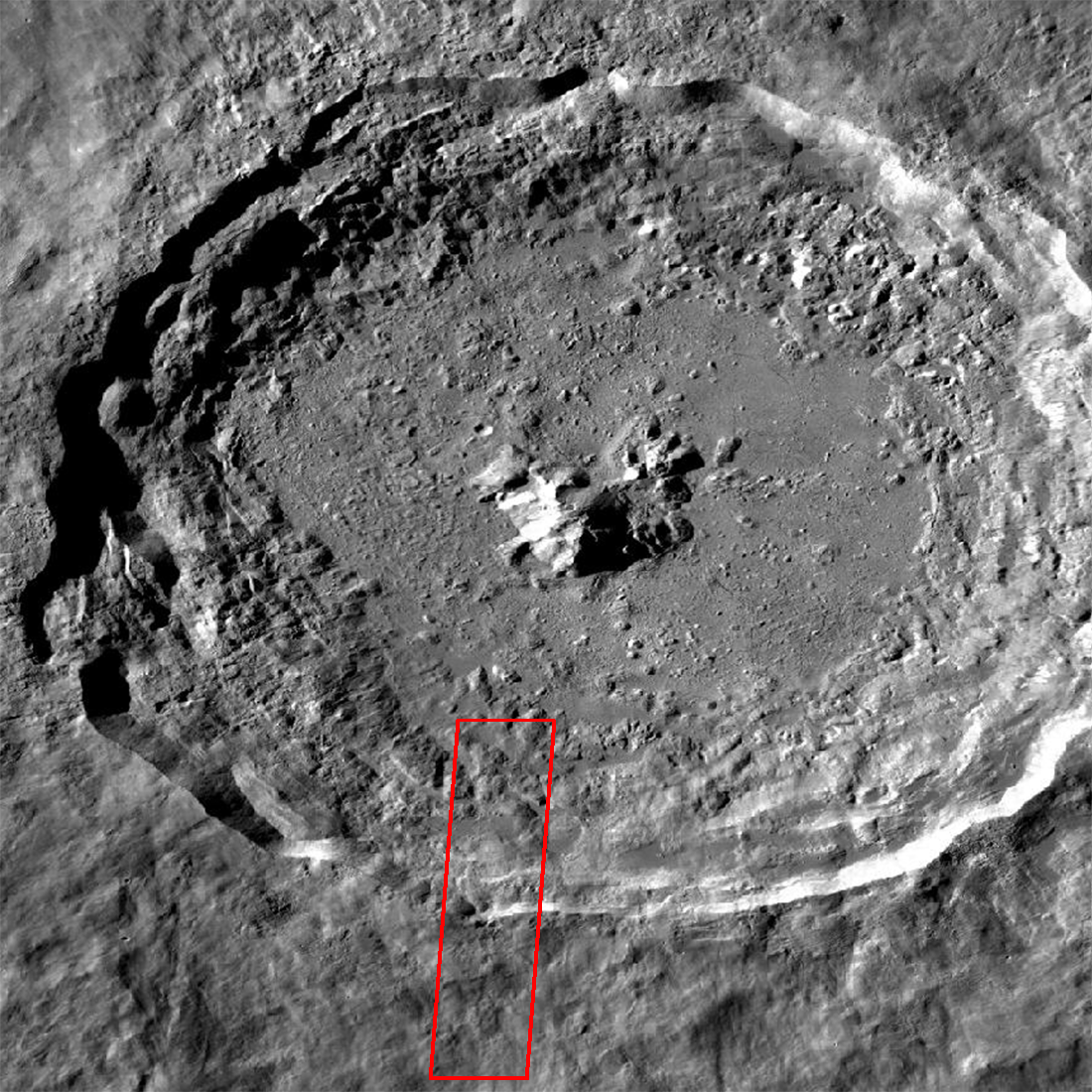 Tycho crater synoptic view with anaglyph footprint