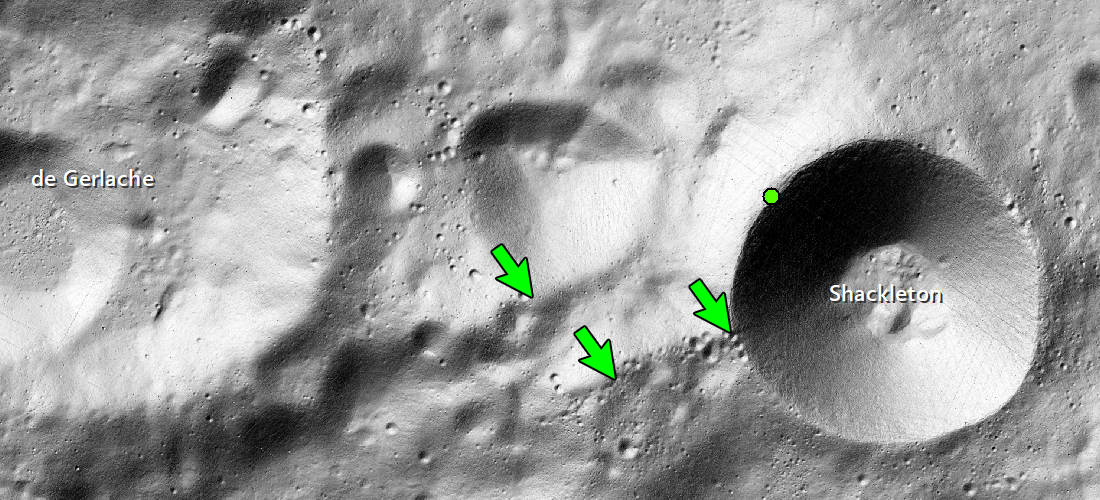 Shaded relief model of the south pole, arrows showing illuminated portions