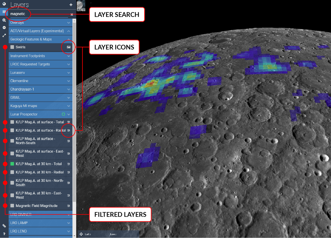Screen shot of Lunar Quickmap illustrating layer search, icons, and filtering.