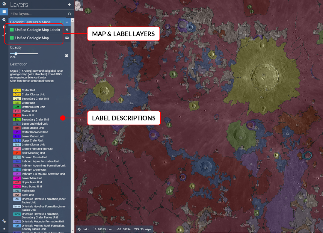 A screenshot of Lunar QuickMap displaying the new Unified Geologic Map and label layers.