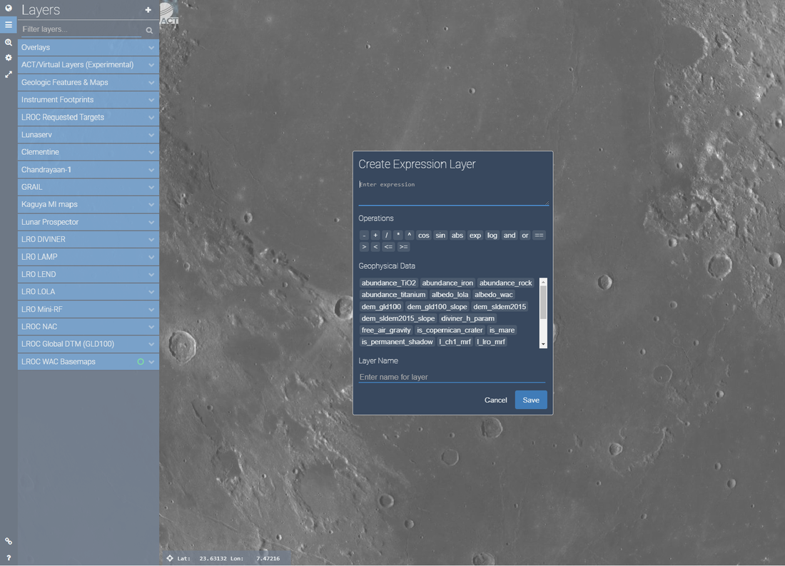 Figure 3. A screenshot of Lunar QuickMap expression layer panel and available options.