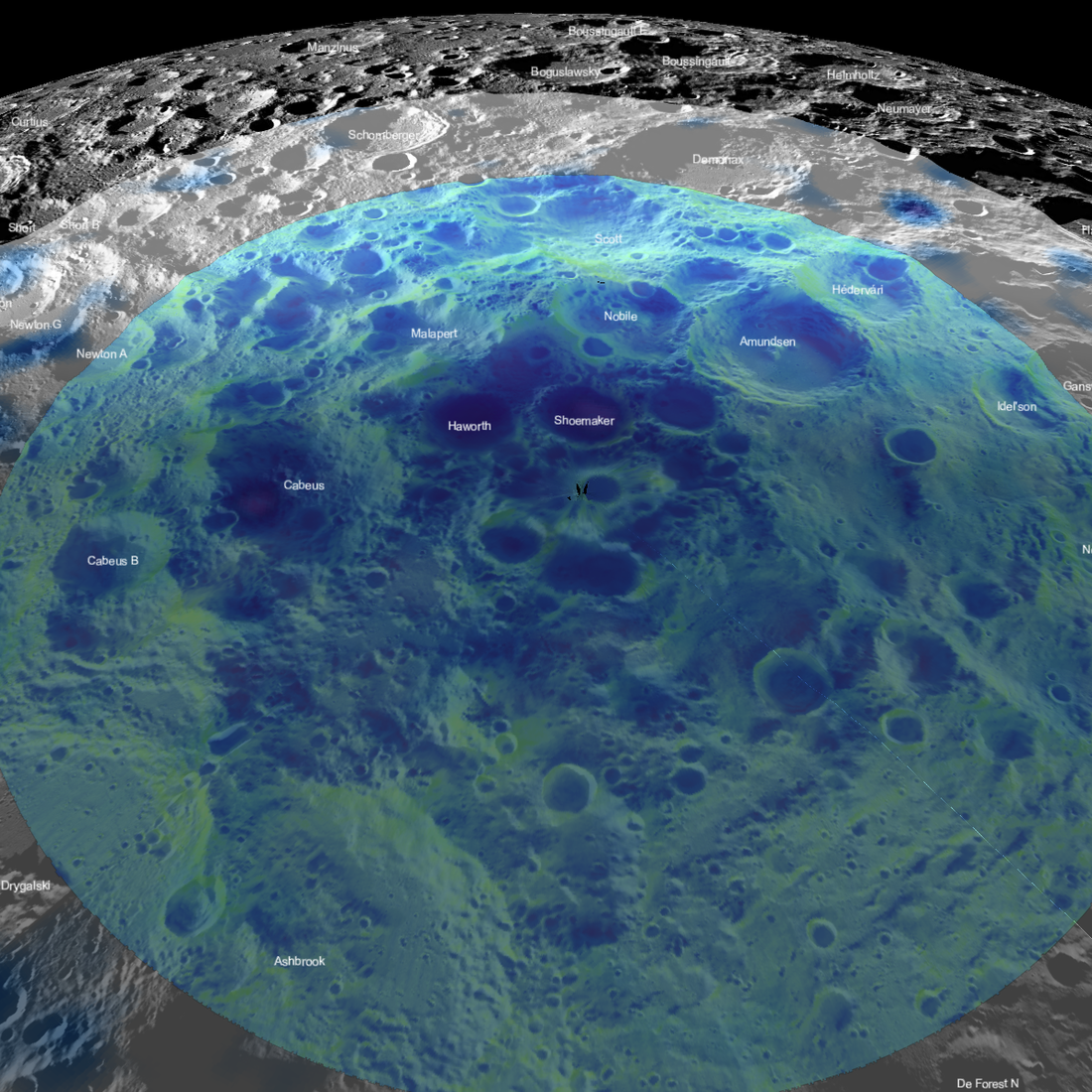 A view of the lunar south pole via Lunar Quickmap showing a selection of south pole numeric layers.
