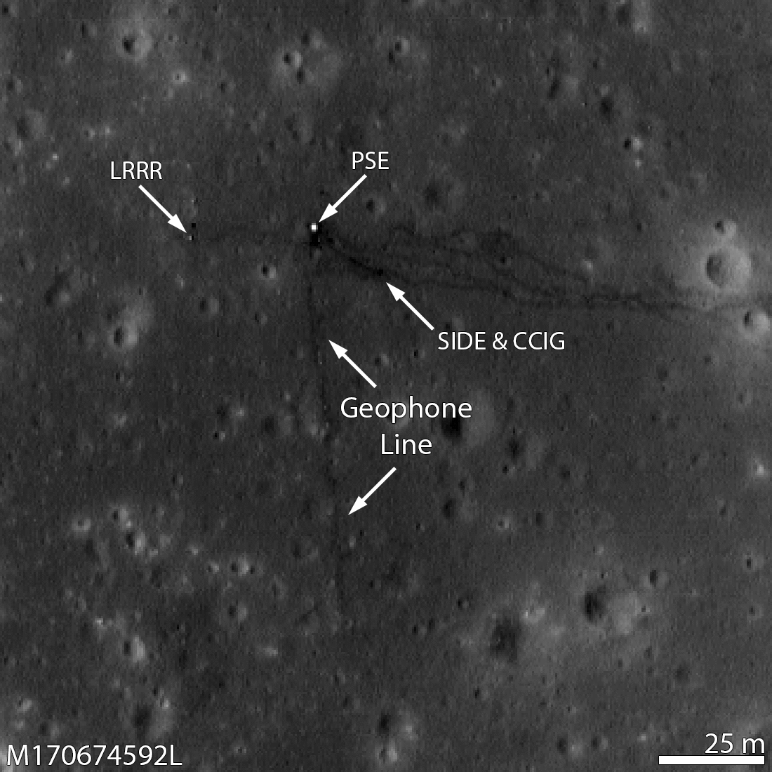 LROC NAC time-lapse of the Apollo 14 ALSEP site highlighting the LRRR, PSE, Geophone Line, SIDE and CCIG.