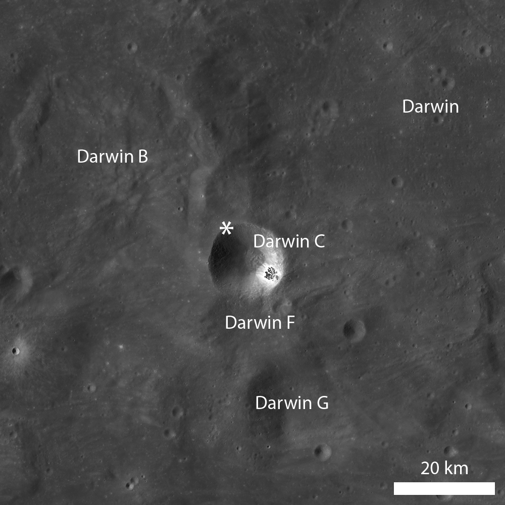 Labeled image of Darwin C crater and surrounding craters; Darwin B, Darwin F, Darwin G, and Darwin.