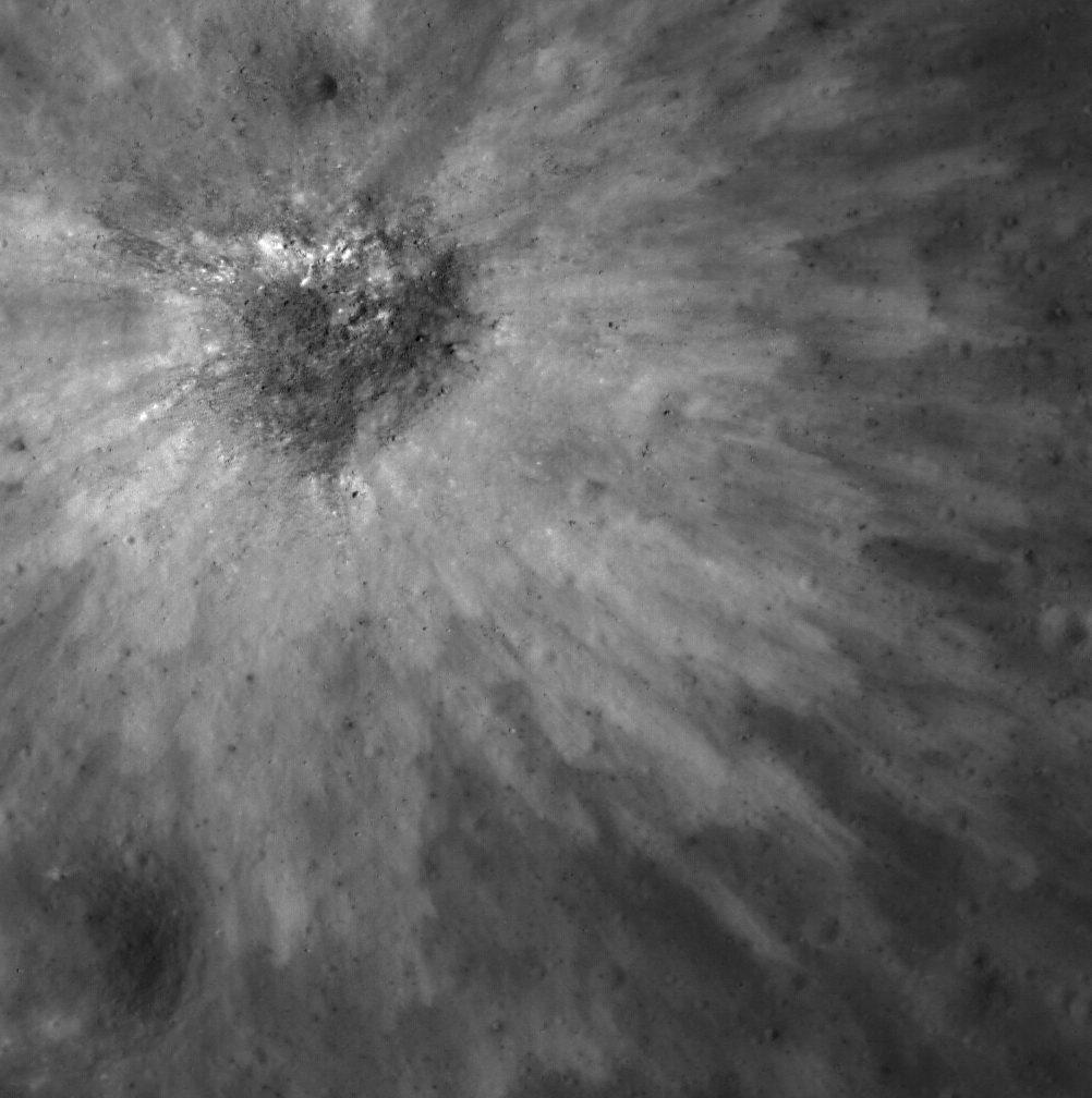 LROC NAC Image M111599349RE of a crater approximately 120 meters in diameter showing bright overlapping ejecta from the impact event.