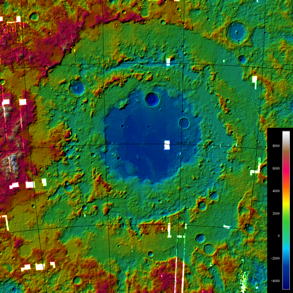 A colorized Digital Terrain Model (DTM) of the large Orientale Basin (1100 km diameter) showing grid lines and colored elevation legend.