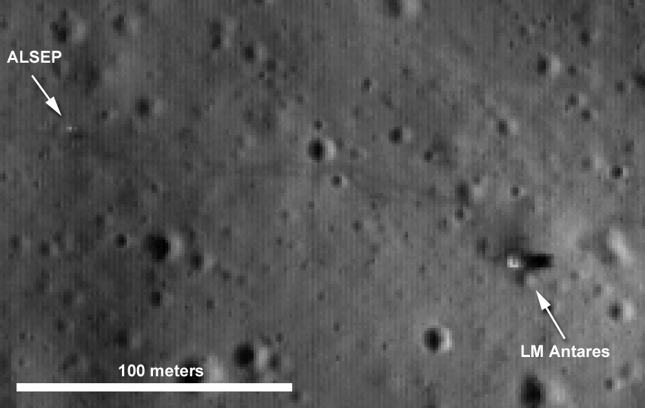 An uncalibrated, enlarged LROC NAC image showing the Apollo 14 lunar module (LM Antares) and the Apollo Lunar Surface Experiment Package (ALSEP)