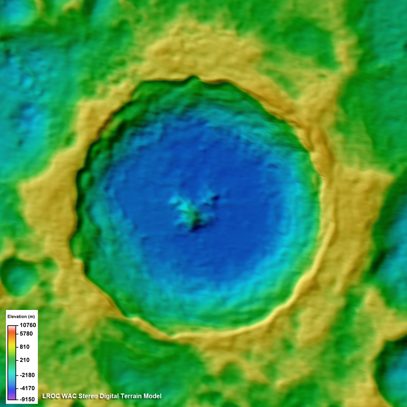 Topographic color-shaded relief model image of Tycho crater with labeled color scale.