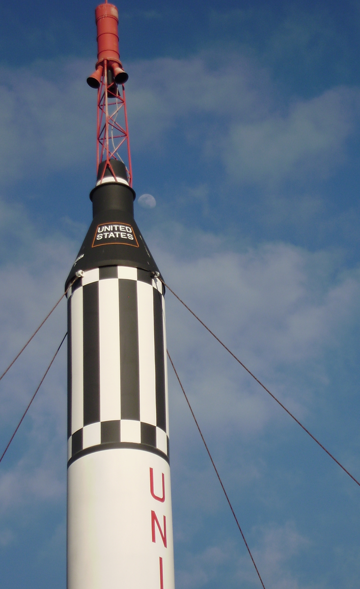 Close-up Image of the Mercury Redstone rocket capsule on top of the Mercury Redstone rocket.
