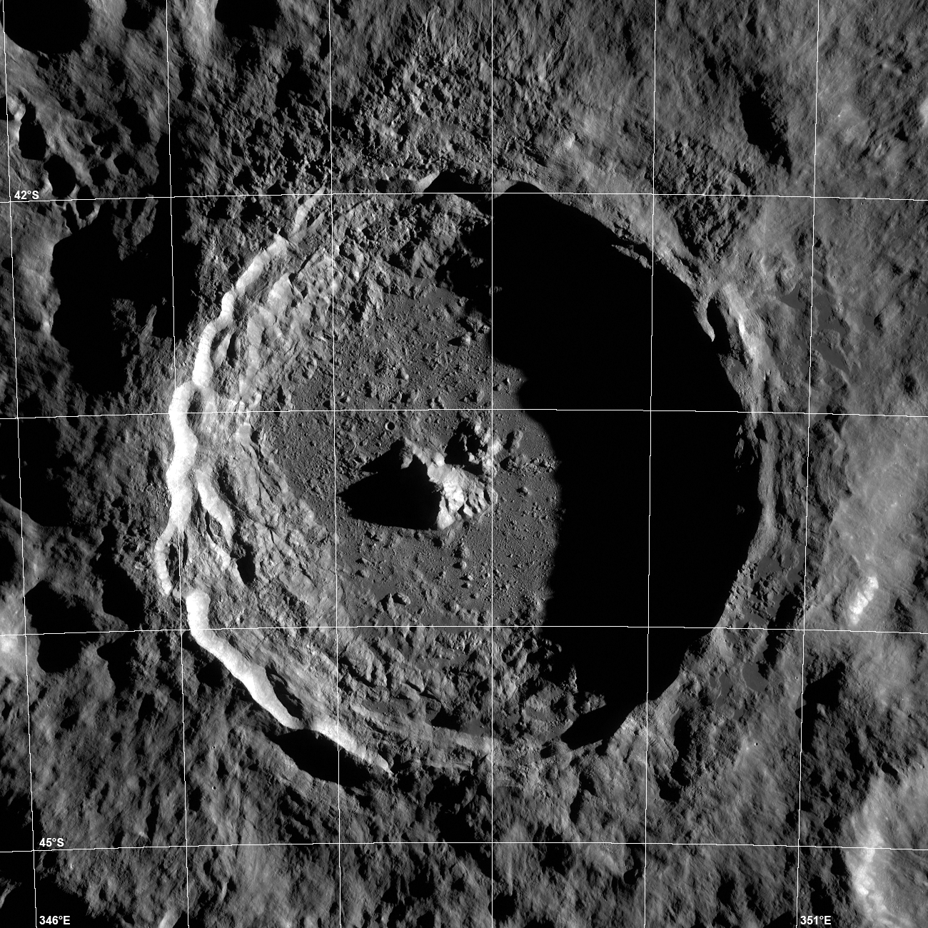LROC WAC mosaic image of Tycho crater with graticule on top.
