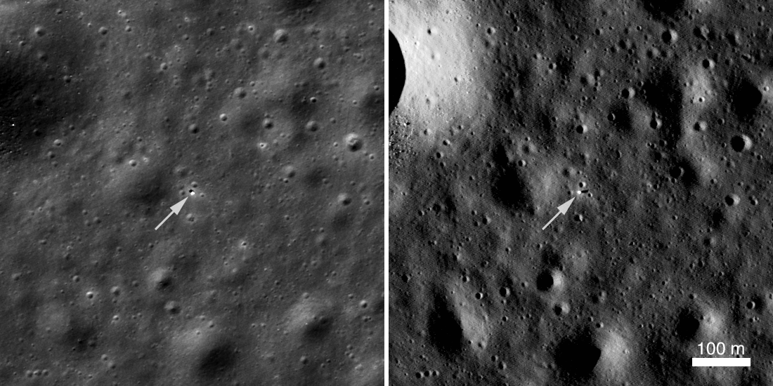 Left: Chang'e 5 on surface with ascent stage still in place. Right: After ascent stage departure.