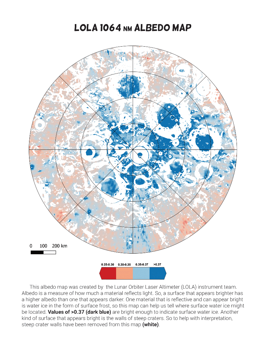 Text title: "LOLA 1064 NM Albedo Map" with a picture of a LOLA albedo map of the moon underneath