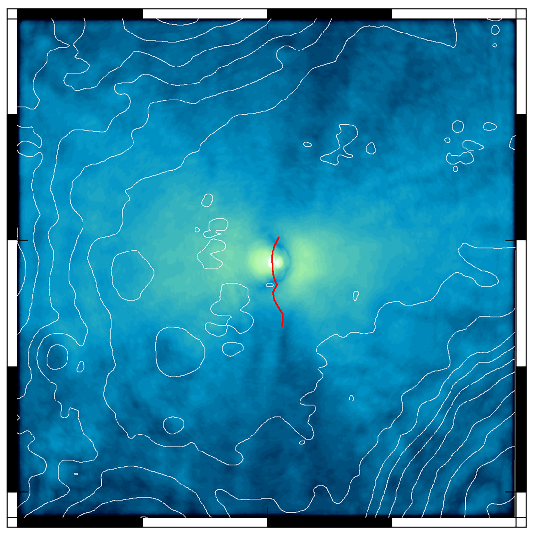 Modeled shock wave emanating from lobate scarp fault plane