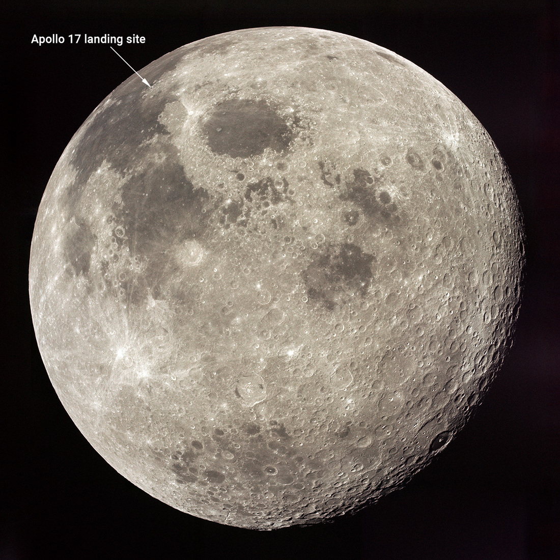 Image of the whole Moon from the Apollo 17 Command Module with mare from Serentatis, Tranquillitatis, Nectaris, Fecunditatis and Crisium clearly visible.