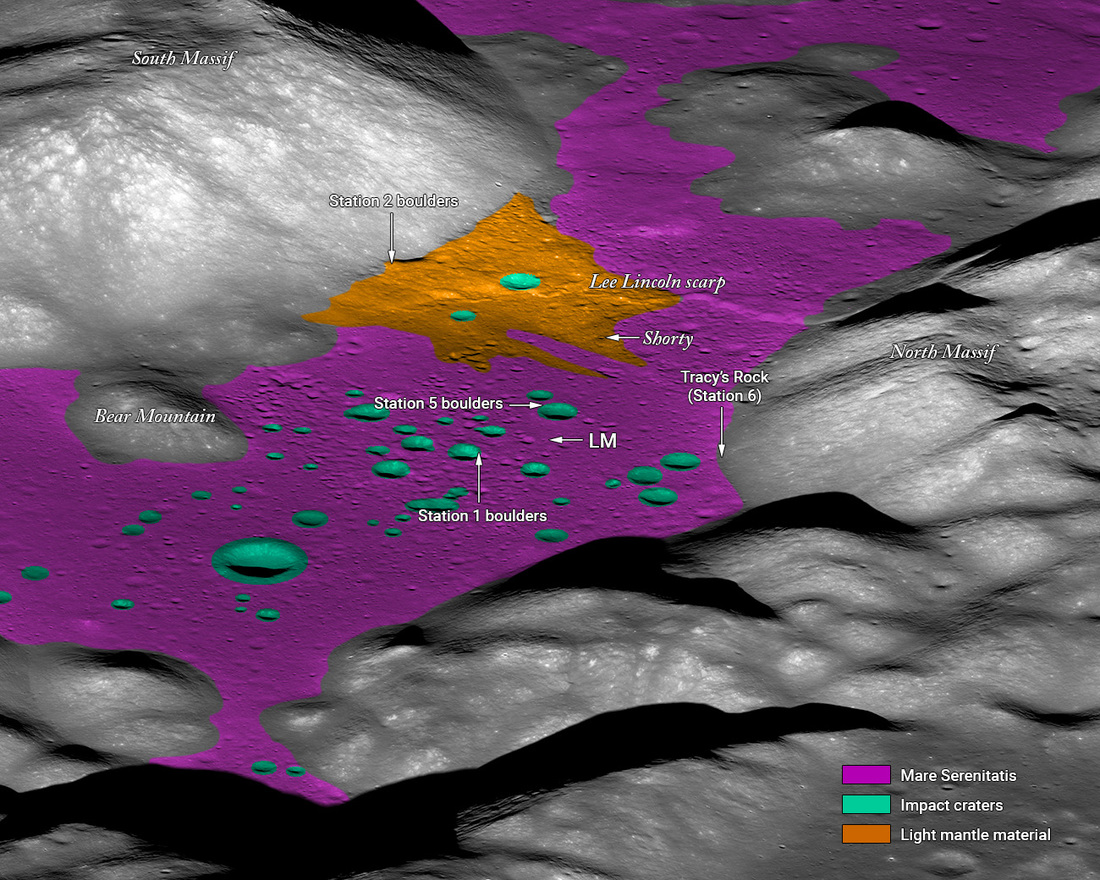 A labeled LROC NAC oblique view of the Taurus-Littrow Valley showing geologically interesting areas across the valley sampled by the Apollo 17 astronauts. 