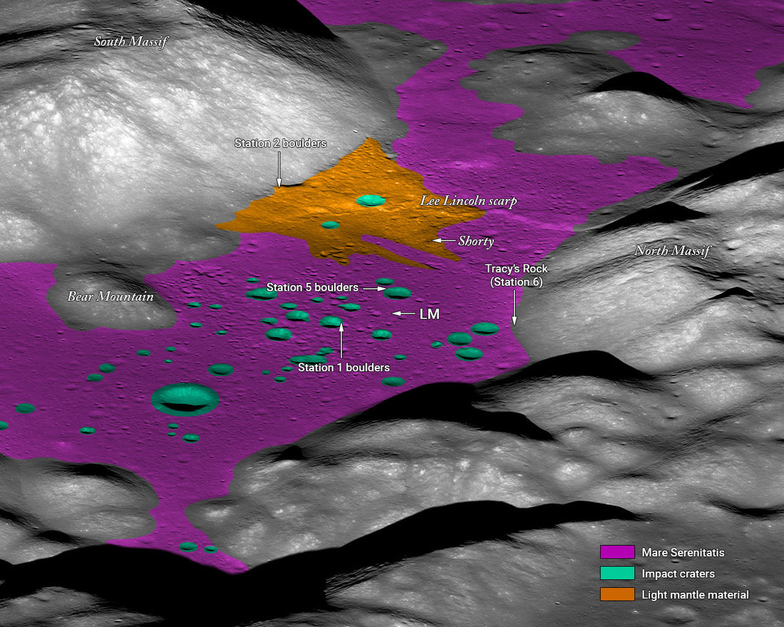 A labeled LROC NAC oblique view of the Taurus-Littrow Valley showing geologically interesting areas across the valley sampled by the Apollo 17 astronauts.