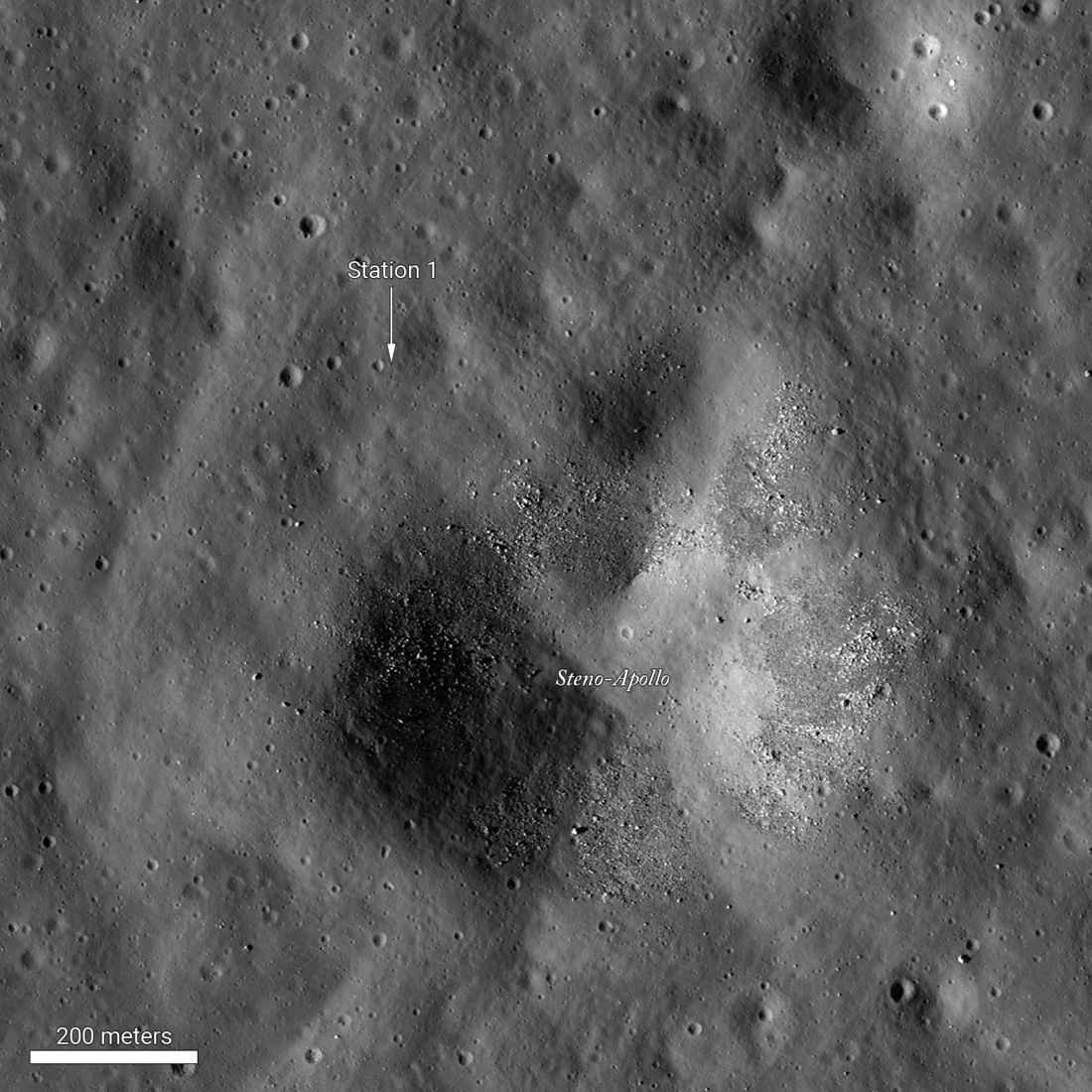 LROC NAC Image of the boulder riddled Steno crater showing the location of station 1, EVA 1 approximately 150 meters northwest or the rim.
