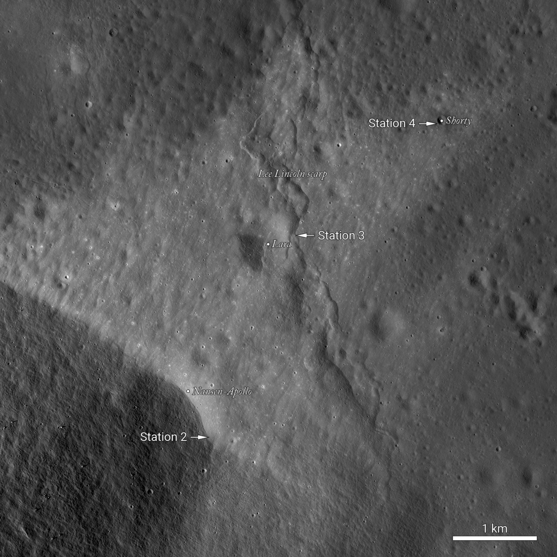 LROC NAC image of the Apollo 17 EVA 2 from the South Massif to Shorty crater with labels for Stations 2, 3, and 4 across the Lee Lincoln scarp and light mantle material.