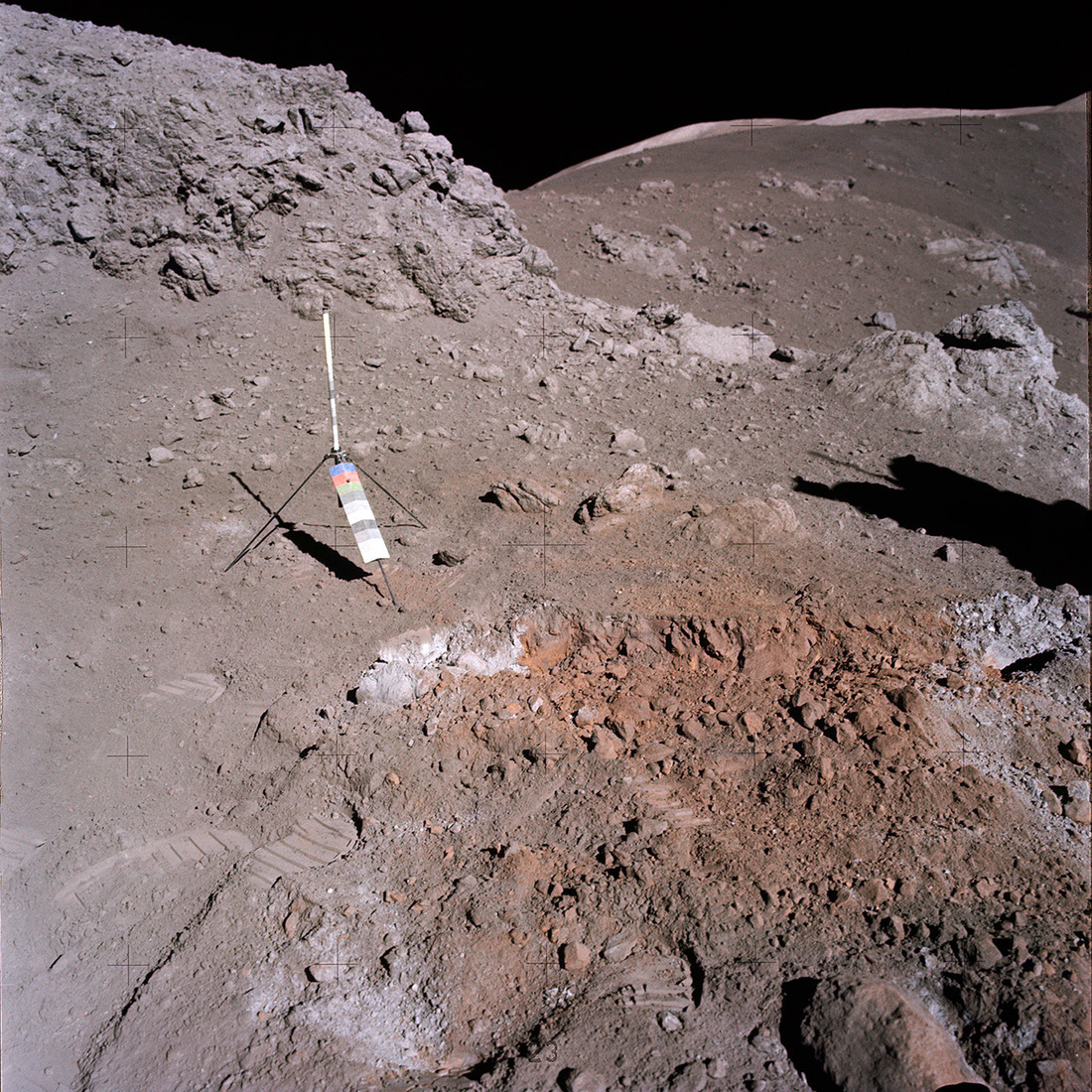 Apollo 17 handheld image AS17-137-20990 of the orange material discovered by Jack Schmitt at Shorty crater during EVA 2 in the Taurus-Littrow Valley on the Moon.