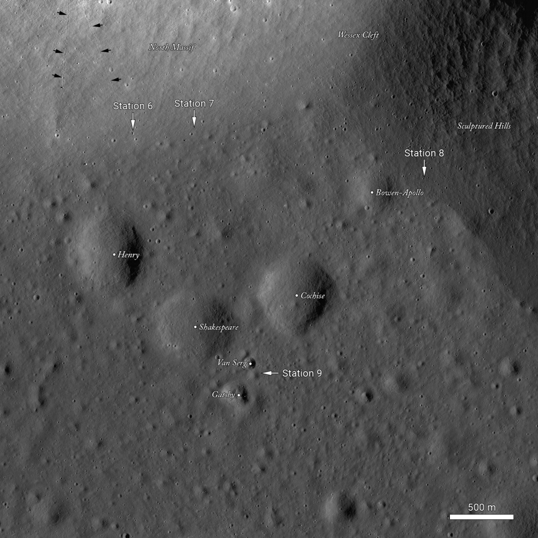 LROC NAC image M192753724 of the northeast Taurus-Littrow Valley showing Apollo 17 Stations 6, 7, 8, and 9 along the south slopes of the North Massif joining with the southwest slopes of the Sculptured Hills.