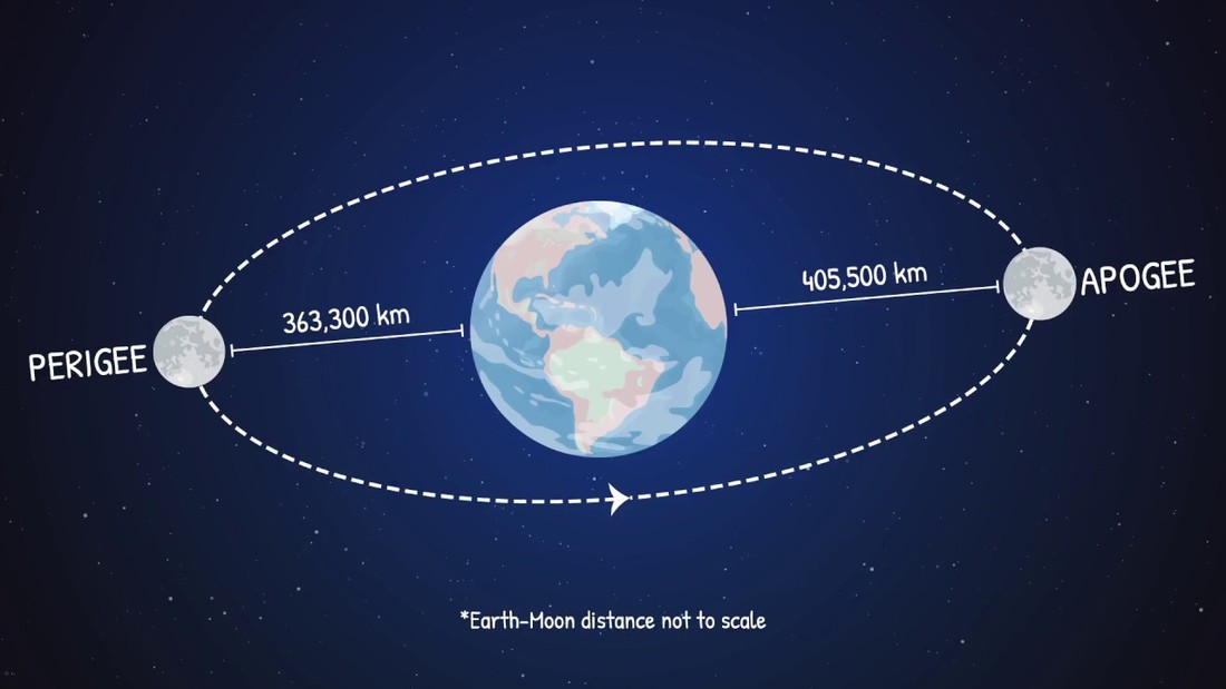 Cartoon showing the elliptical orbit of the moon around the earth. The Earth is in the center. To its left is a moon with the label 'perigee' and a scale bar that indicates that at perigee, the moon is 363,300 km away from earth. To the right of the Earth is a moon with the label 'Apogee' and a scale bar showing that the moon is 405,500 km away from earth at apogee. Below the cartoon is a disclaimer that says "Earth-Moon distance is not to scale."