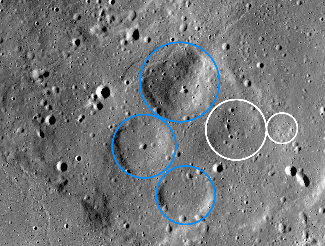 Five volcanic domes are outlined in the center of the image, there are three steep-sided domes towards the left and two shallow domes towards the right. The southern edge of Mons Rümker is also visible towards the bottom.