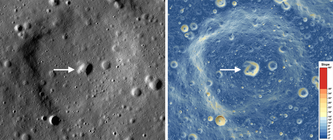 Close-up view of a steep-sided dome from the previous image. The possible summit pit is in the center, and the slope map is shaded from blue to red, with red indicating higher slopes. The slopes of the dome's sides have a yellow-orange color compared to the dark blue of the surrounding terrain, indicating higher slopes.