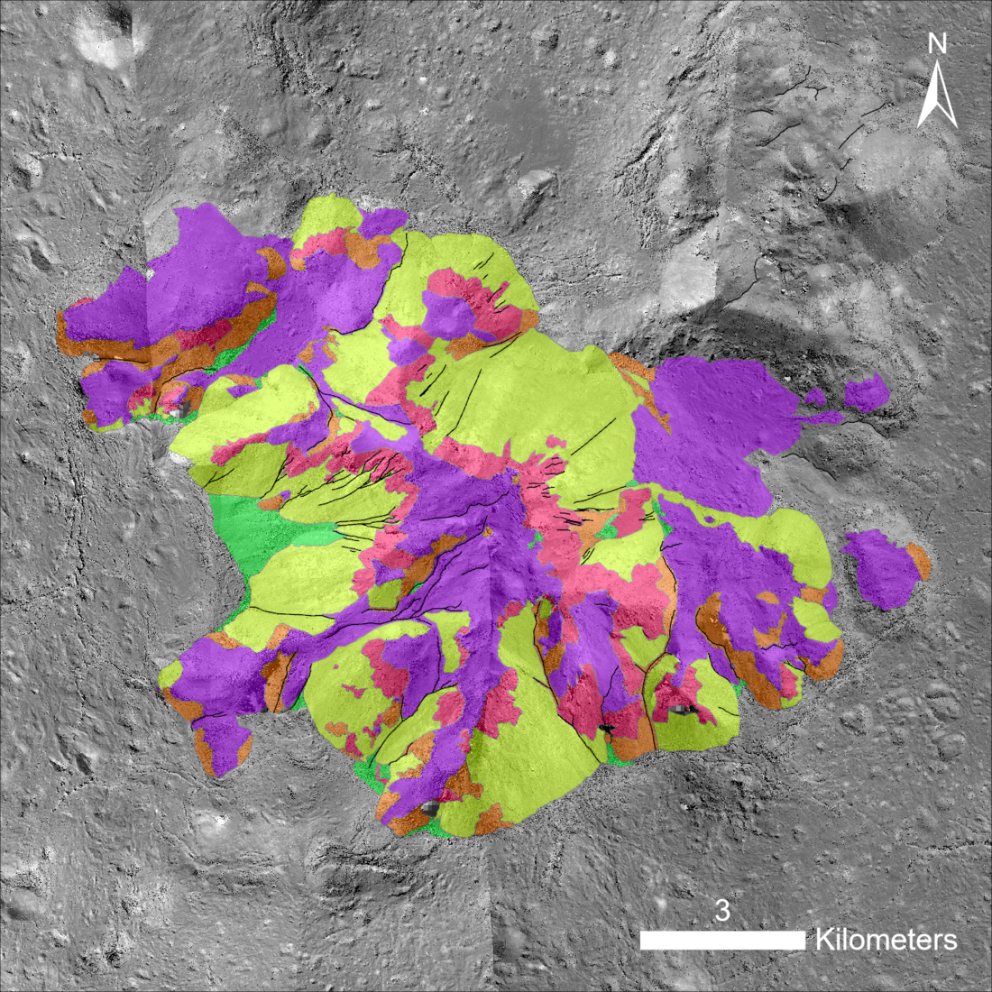 Image of a lunar crater central peak overlaid with bright colors denoting mapping units. A purple unit occurs at the top of the peak, and overlies pink and orange units. Black lines run down the flanks, which are composed of the yellow unit and some areas of green unit.