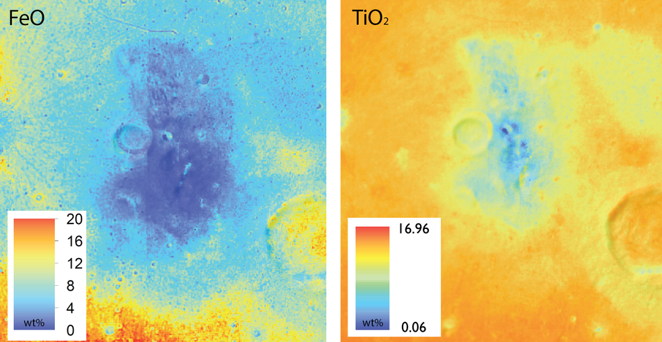 Clementine color maps of FeO and TiO2 abundance