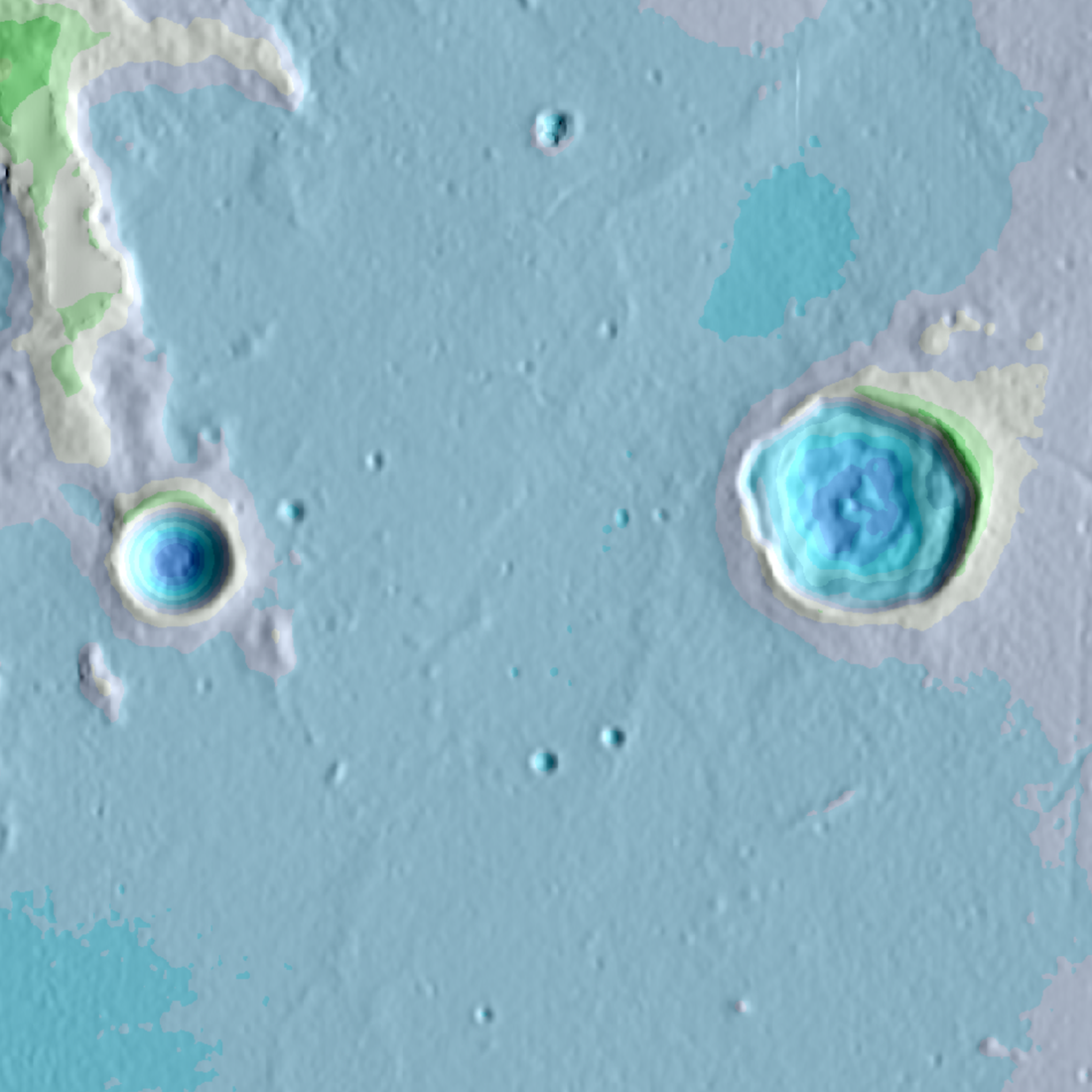 Chladni crater (right) is a simple bowl; larger Triesnecker (right) is more complex.