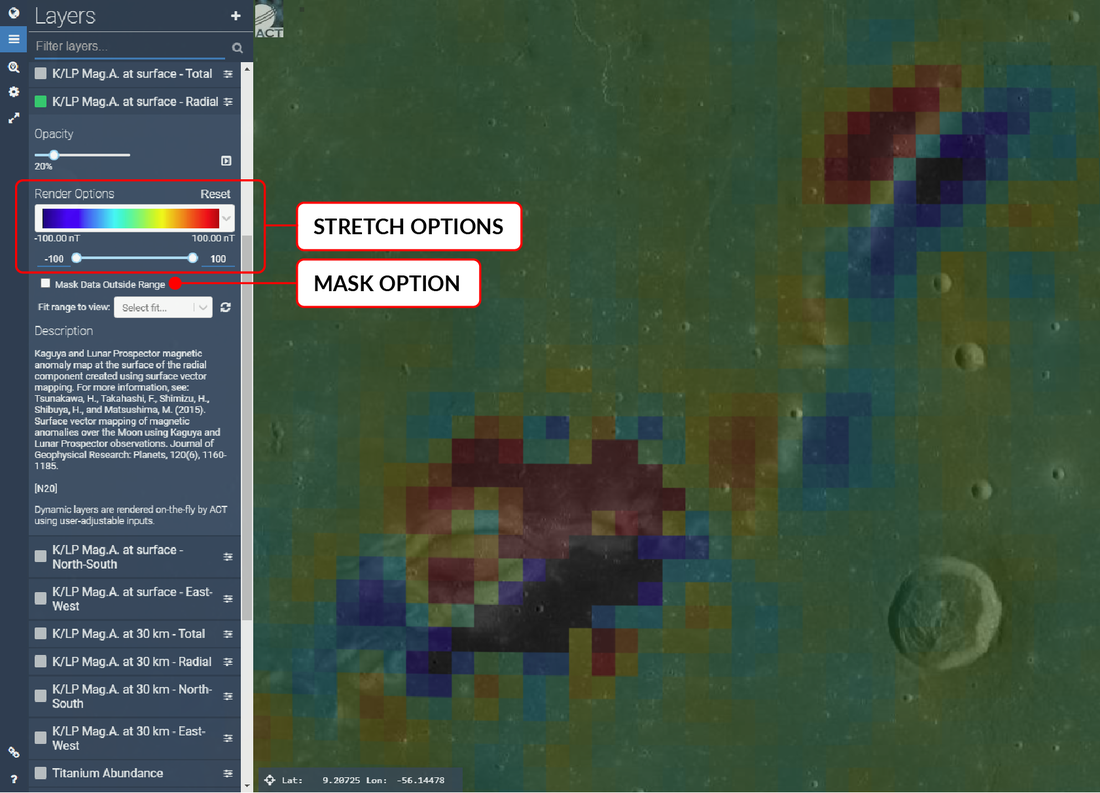 Screenshot of Lunar QuickMap Kaguya/Lunar Prospector Magnetic Anomaly dynamic layer with stretch and mask options.