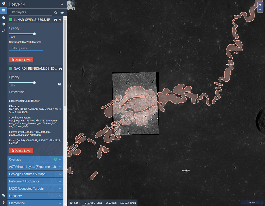 Lunar Quickmap view showing user imported GeoTIFF and Shapefile