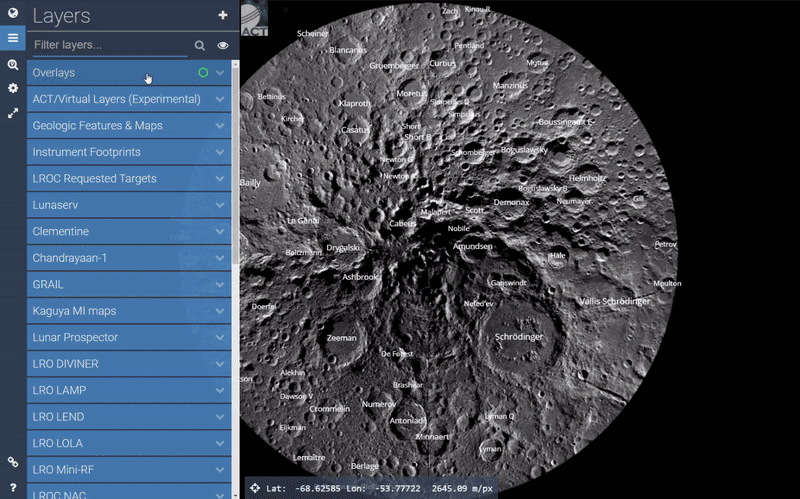 Animated image showing Lunar Quickmap's numeric layer data at cursor position in 2D projections.