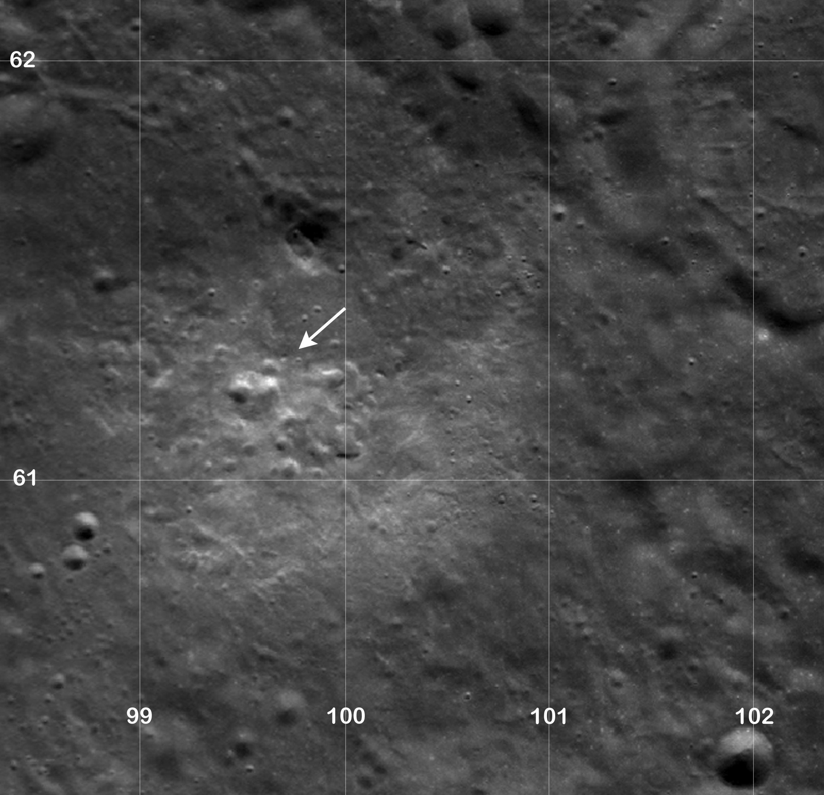 LROC WAC mosaic image showing the whole Compton-Belkovich region with graticule and arrow pointing to the location of the featured small dome.