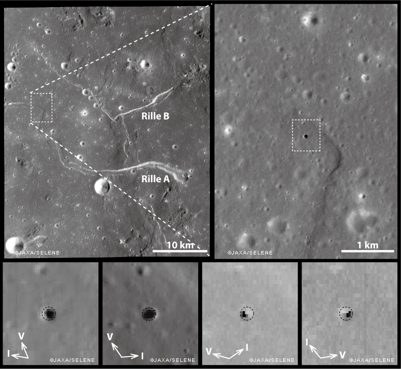 A mosaic of six views of the Marius Hills pit observed under different solar illumination.