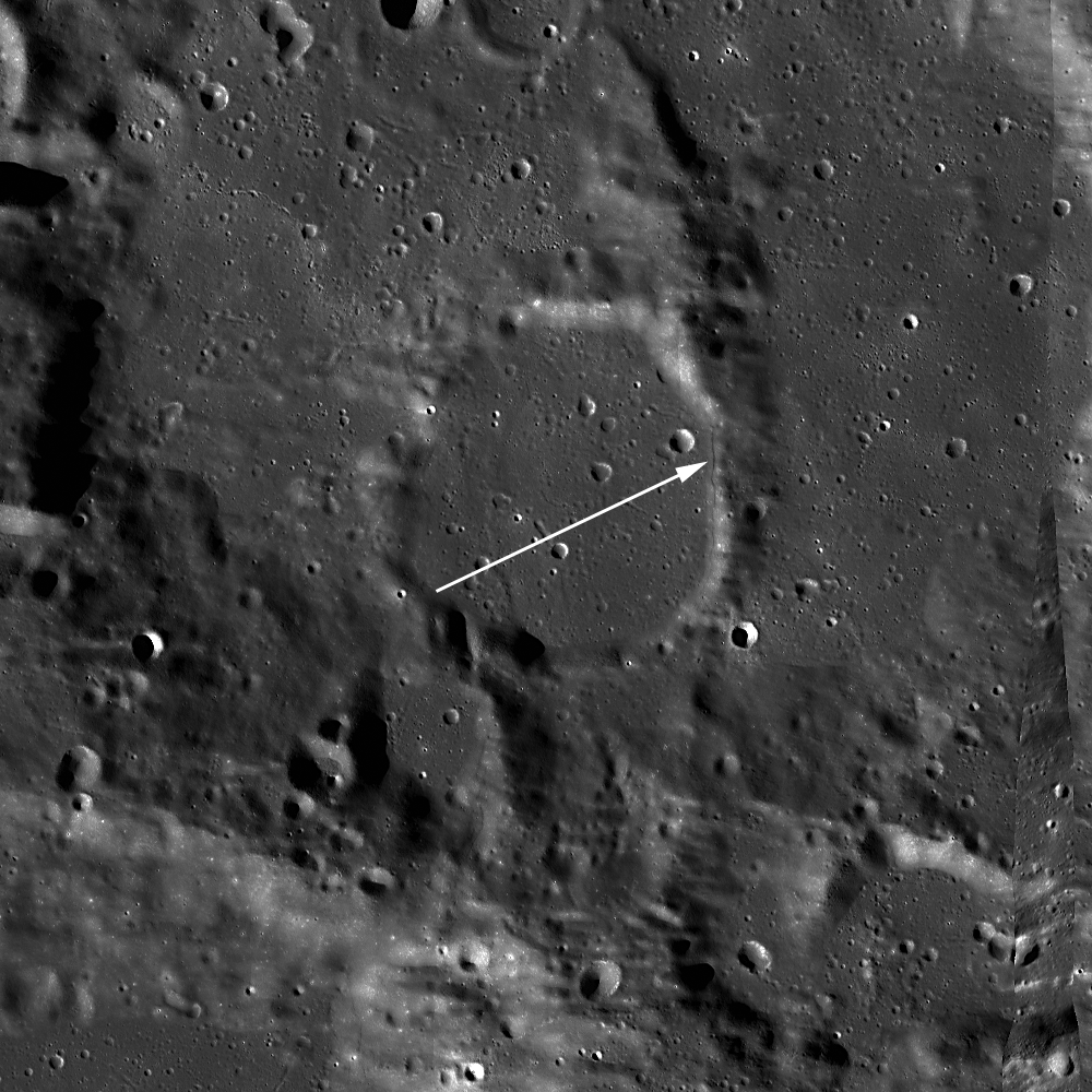 LROC NAC nadir image of a degraded crater inside the larger Xenophanes crater on the Moon with an arrow pointing to the location of the featured lobate scarp.