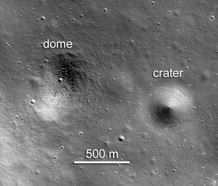 LROC NAC nadir subsampled image showing a wider view of the dome and its surroundings with labels for a nearby crater and scale bar.